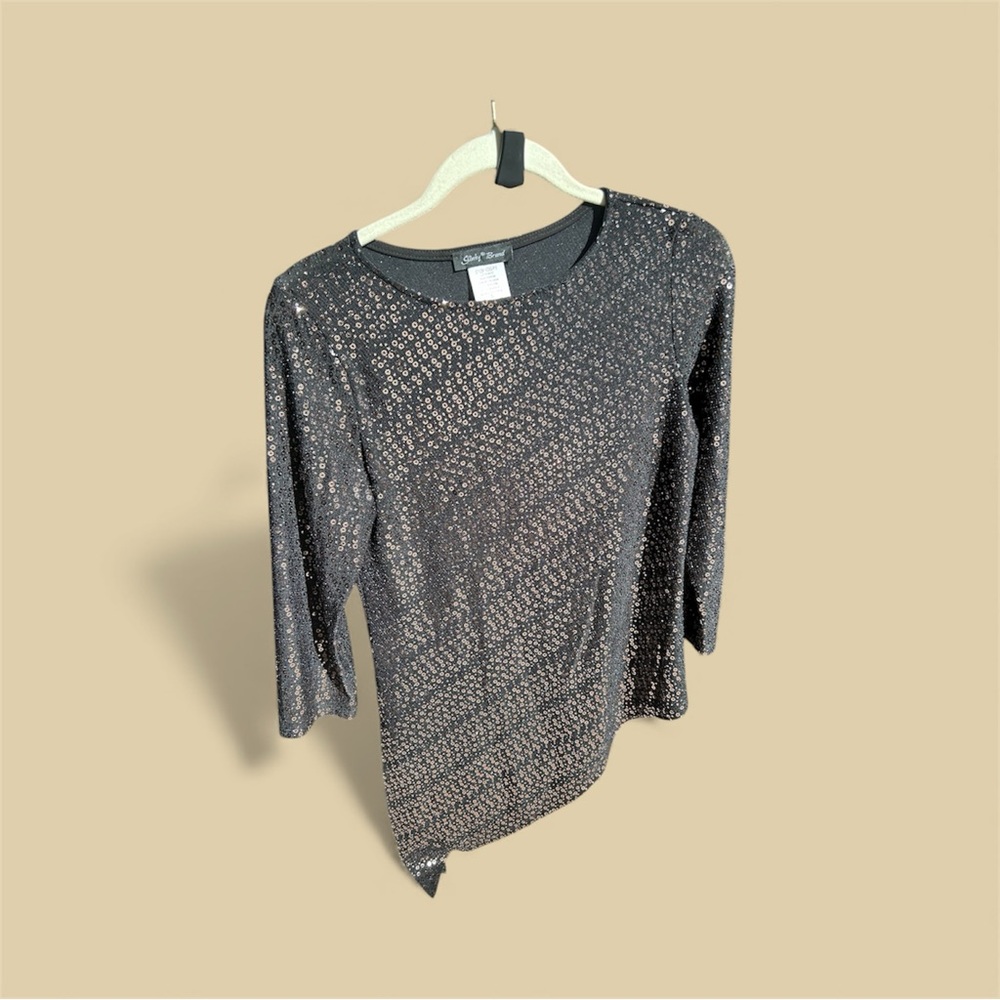 Holiday black and copper sequins tunic with scoop neckline, 3/4 length sleeves